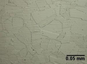 Austenite grains in a 304 alloy. The particles on the grain boundaries are chromium carbides.